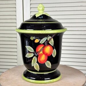 Certified International Black Hand Painted Peach‎ Ceramic Canister April Cornell